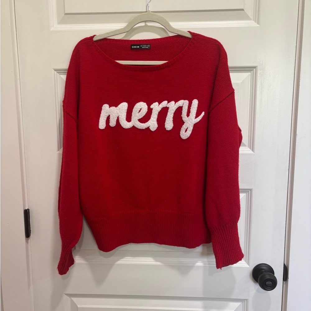 SHEIN Red 'Merry' Crew Neck Sweater
